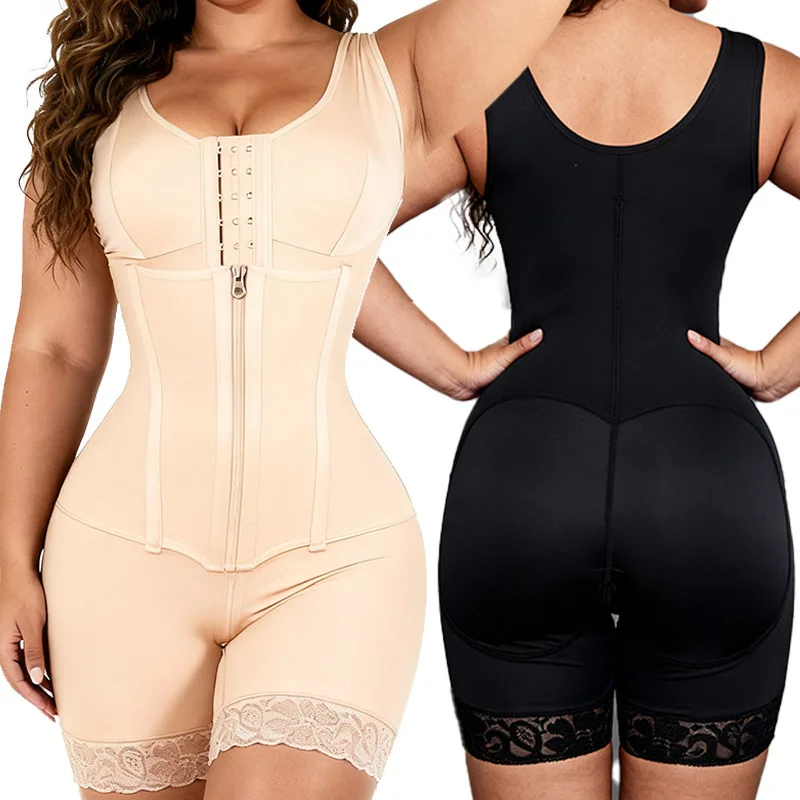 One-piece shaping garment with waist and hip support, zipper and button fastening, tight-fitting clothing. European and American