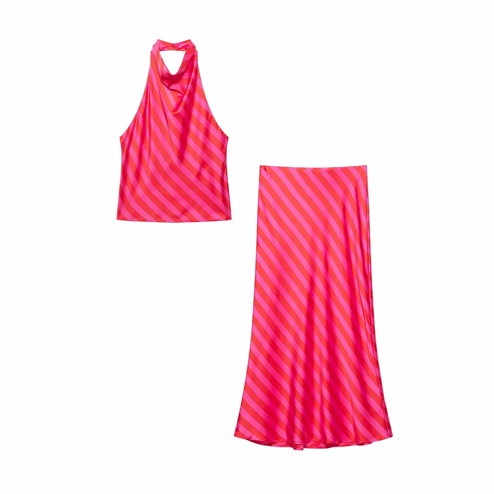 Women Y2K Satin Stripe Sets Sexy Hanging Neck Collar Backless Sleeveless Halter Top+Long Skirts Summer Vacation New 2 Pieces