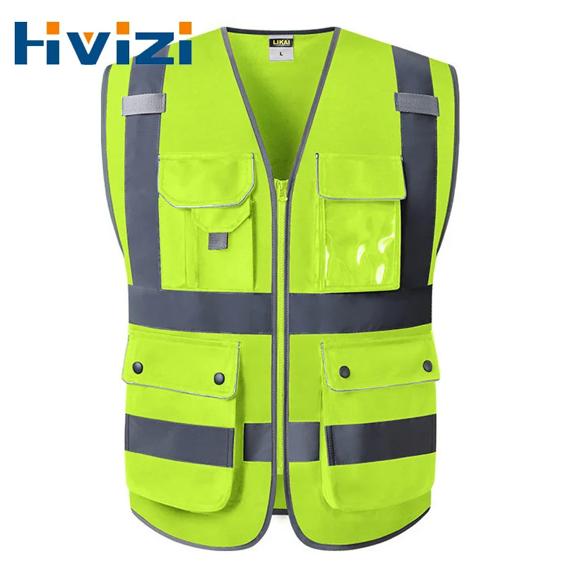 Safety Vest Reflective High Visibility Vest Multi Pockets Front Zipper Construction Security Working Vests