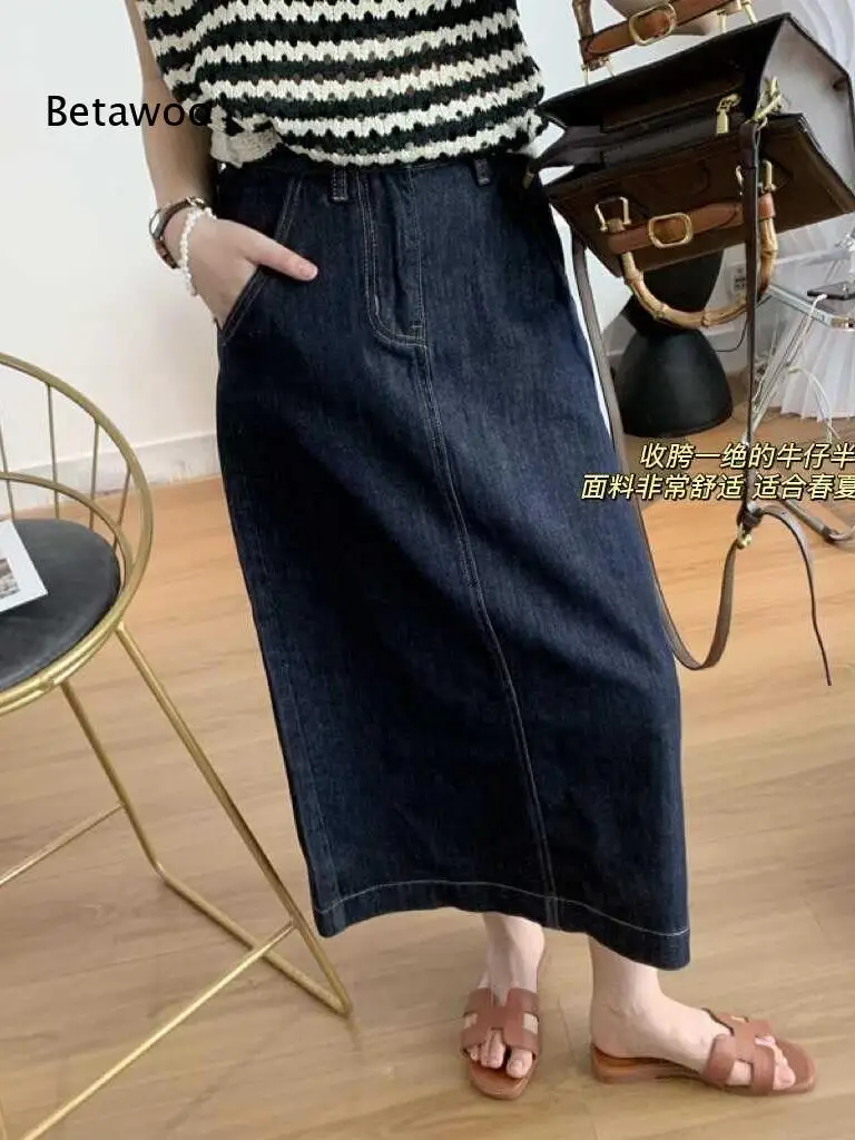 Ladies Vintage White Mid Length Denim Skirt High Waist Back Split Pocket A Line Casual Jean Midi Skirt
