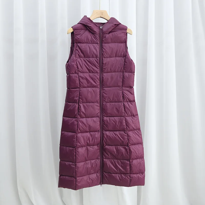 2025 Autumn Winter Women Sleeveless Hooded Down Waistcoat Jacket Light Thin White Duck Down Vest Female Long Tank Parkas Coat