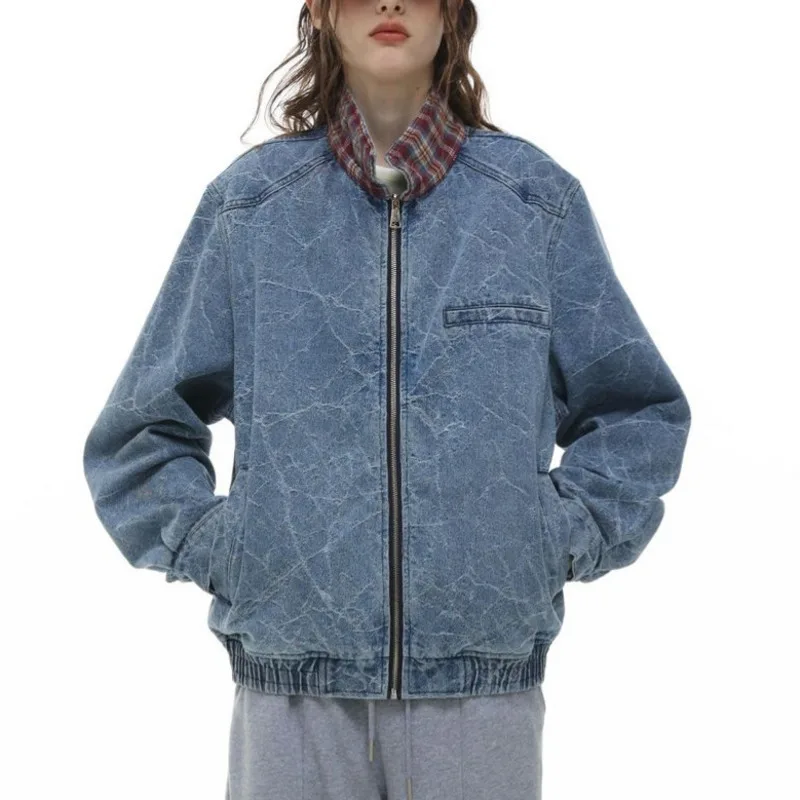 ANJY خريف شتاء جديد إمرأة الاتجاه الأمريكي غسلها الكراك عادية الدنيم سترة Ins مزاجه فريد بدوره إلى أسفل طوق معطف A15079 #2