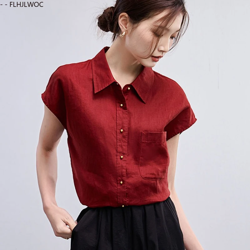Mince aéré pur coton lin chemise femmes nouveauté doux lâche Blouse vin rouge confortable décontracté rétro Vintage hauts