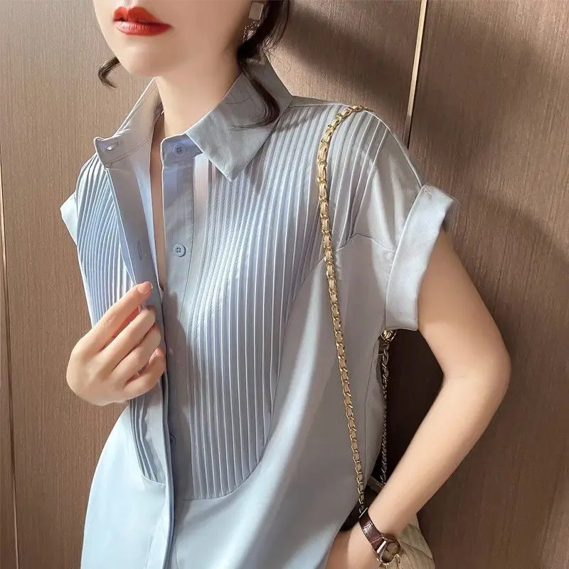 Women Summer Casual Loose Striped Pleated Polo-Neck Short Sleeve Shirts Women Clothes Simplicity All-match Office Lady Tops