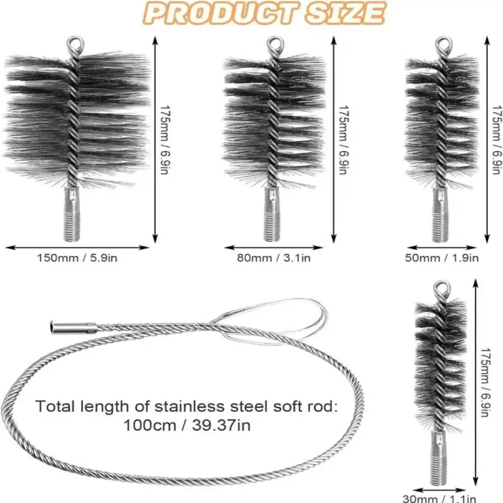 Boiler Flue Brush Set Steel Wire Chimney Cleaner Industrial Duct Maintenance Tool M12 Threaded Interface Robust Tool