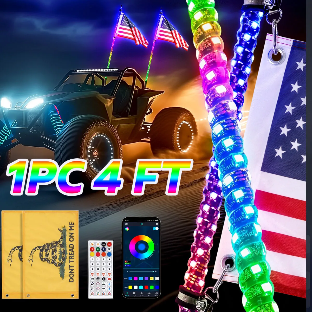

1/2 PCS 4FT LED Whip Light RGB Waterproof Multi-Color Flagpole Lamp Bowlight for Offroad Sand Rails Buggies SxS ATV/UTV RZR
