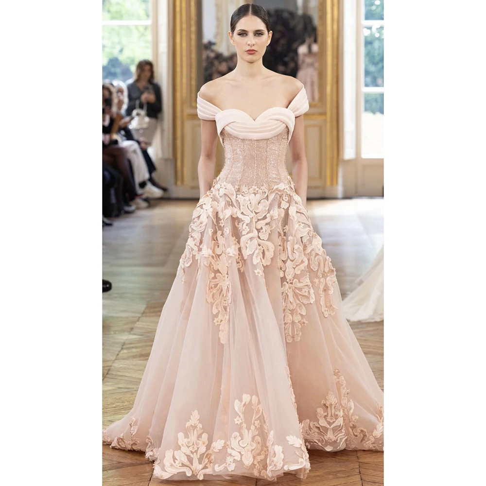 

Blush Pink Off-the-shoulder Evening Dress with 3D Floral Applique Tulle Ball Gown Elegant Formal Party Prom Wedding Guest Dresse