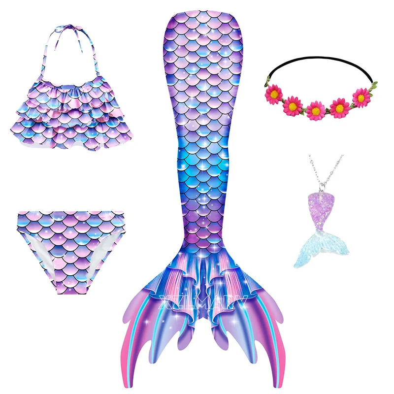 5Pcs/Set Girls Mermaid Tail Swimsuit Children the Little Mermaid Costume Cosplay Beach Clothes Bathing Suit Can add Monofin