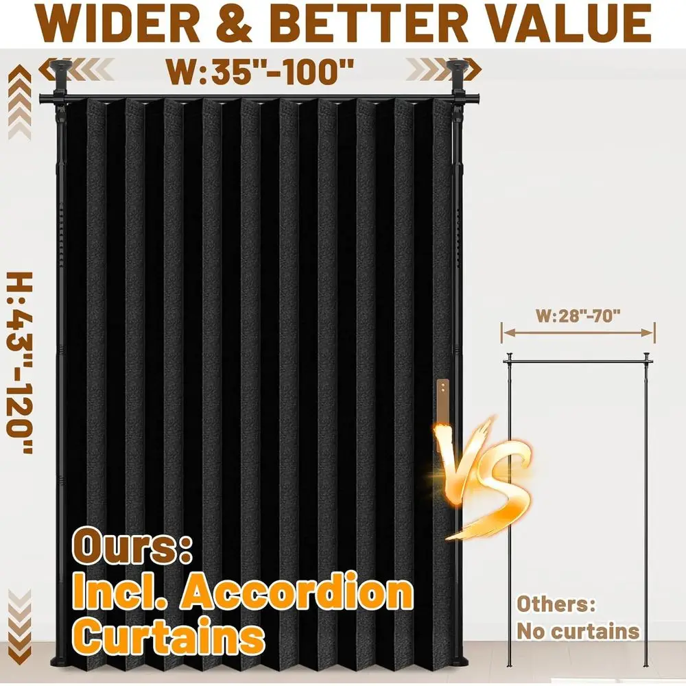 Black Room Divider Curtain (100x84, 1 Panel) + Tension Rod for Easy Hanging (43-120H x 35-100W)