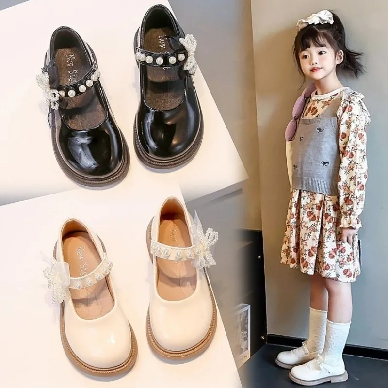 Autumn Children's Leather Shoes Glossy PU Black School Girl Shoes Fashion Sweet Kids Princess Soft Bottom Shoes Side Bowknot
