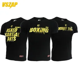 Vszap Muay Thai Comprehensive Fighting Boxing Golden Fitness T-shirt Men's Top Sports Casual Pure Cotton Stretch MMA Fight