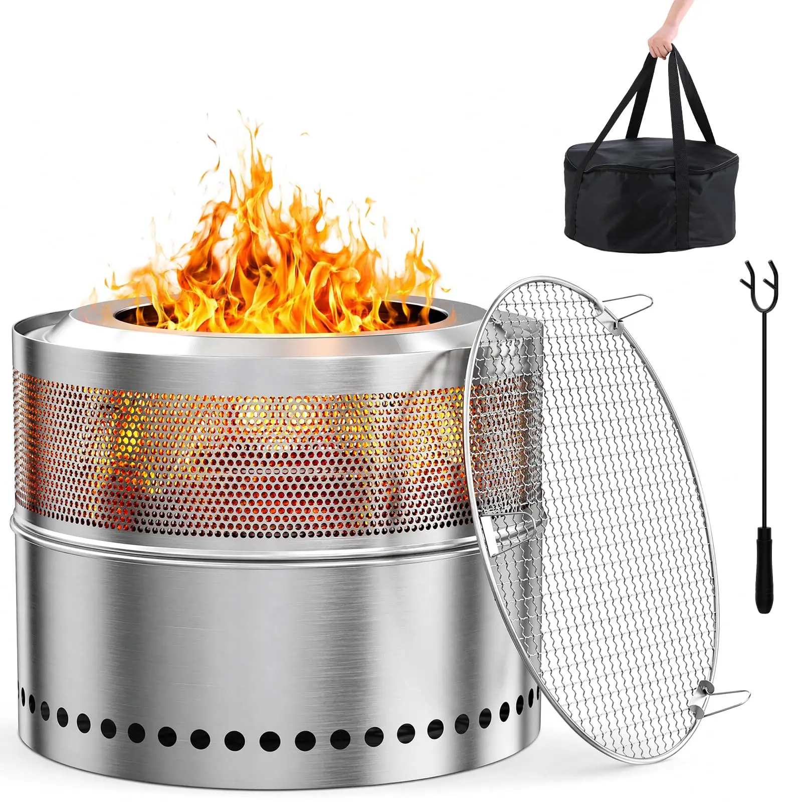 Feuerschale aus Edelstahl 50cm, rauchfreie Feuerschale mit Grillrost, Aufbewahrungstasche, abnehmbarer Aschebehälter, tragbare Feuerschale für den Garten