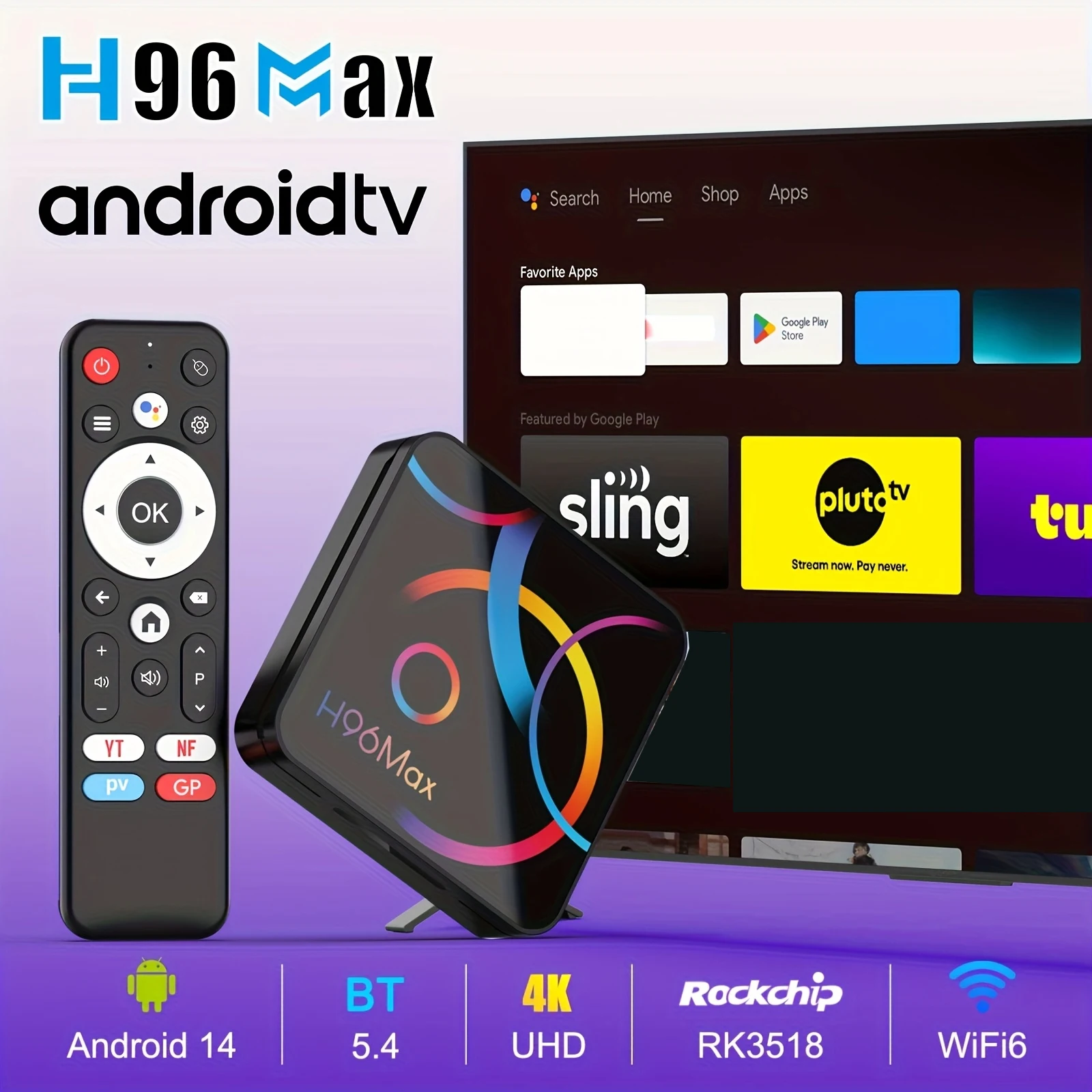 

ТВ-приставка H96 MAX RK3518 Smart TV Box на Android 14.0 с Wi-Fi 6 и Bluetooth 5.4, 4K@60fps, HD, 100M Ethernet, Google Voice Assistant, медиаплеер.