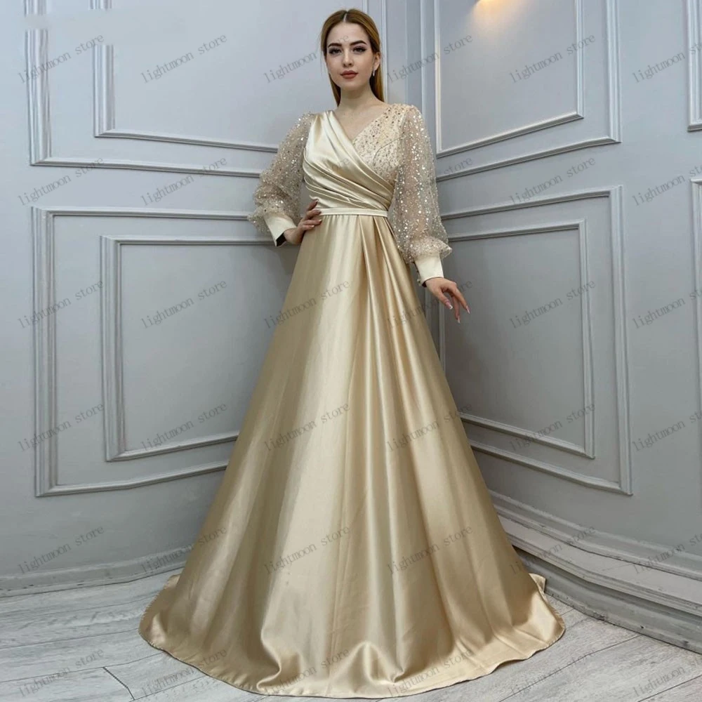 

Elegant Evening Dresses A-Line Satin Prom Dress Long Puff Sleeves Robes For Formal Party Modest Glamorous Vestidos De Gala 2024