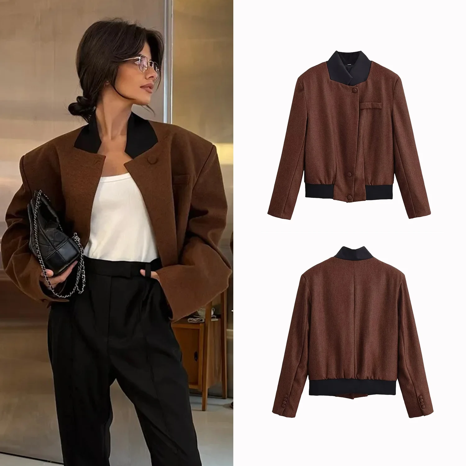 

Women Retro Short Jacket Coat Stand Collar Blocking Shoulder Long Sleeve Jacket Loose Fashion Female Jackets Streetwear