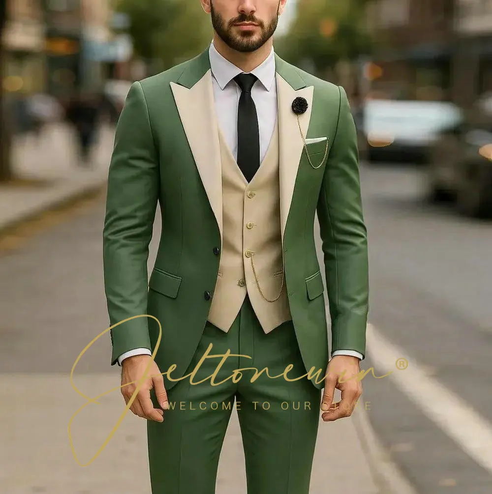 

Dark Green And Beige Formal Men Suit Groom Groomsman Wedding Party Prom Business Male Tuxedos 3 Piece Set Blazer Vest Pants