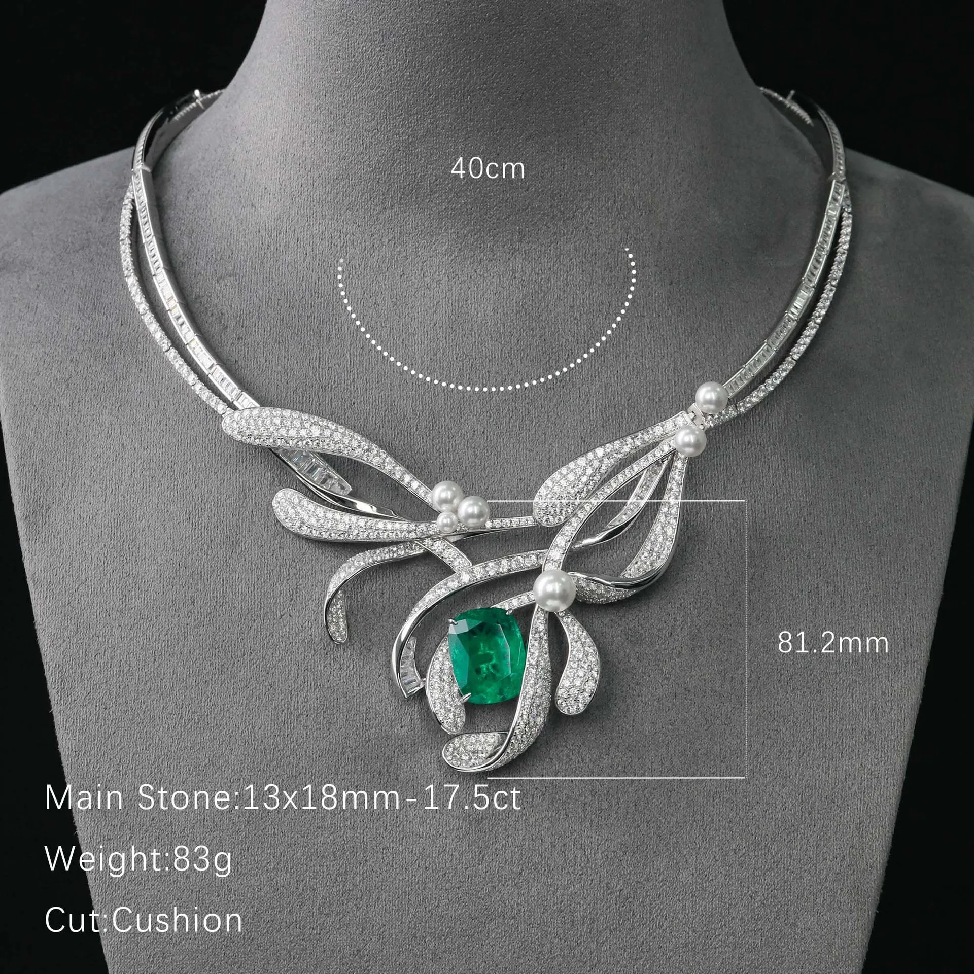 Leaf Design 925 sterling silver Necklace 17.5ct Cushion Artificial Emerald May Birthstone Fine Jewelry for Women's Banquet Wear