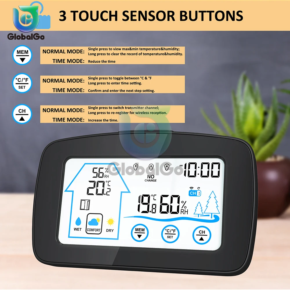 Large LCD Touch Screen Wireless Digital Indoor Outdoor Thermometer Hygrometer Weather Station For Home