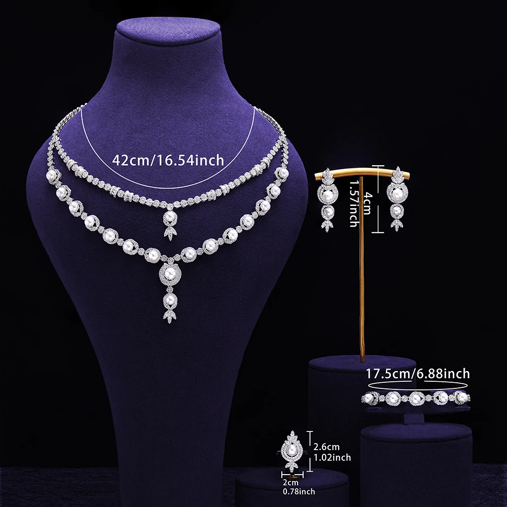 

Dubai Double Pearl Luxury Bridal Wedding Cube Zirconia Jewelry Set, Necklace and Earring Set