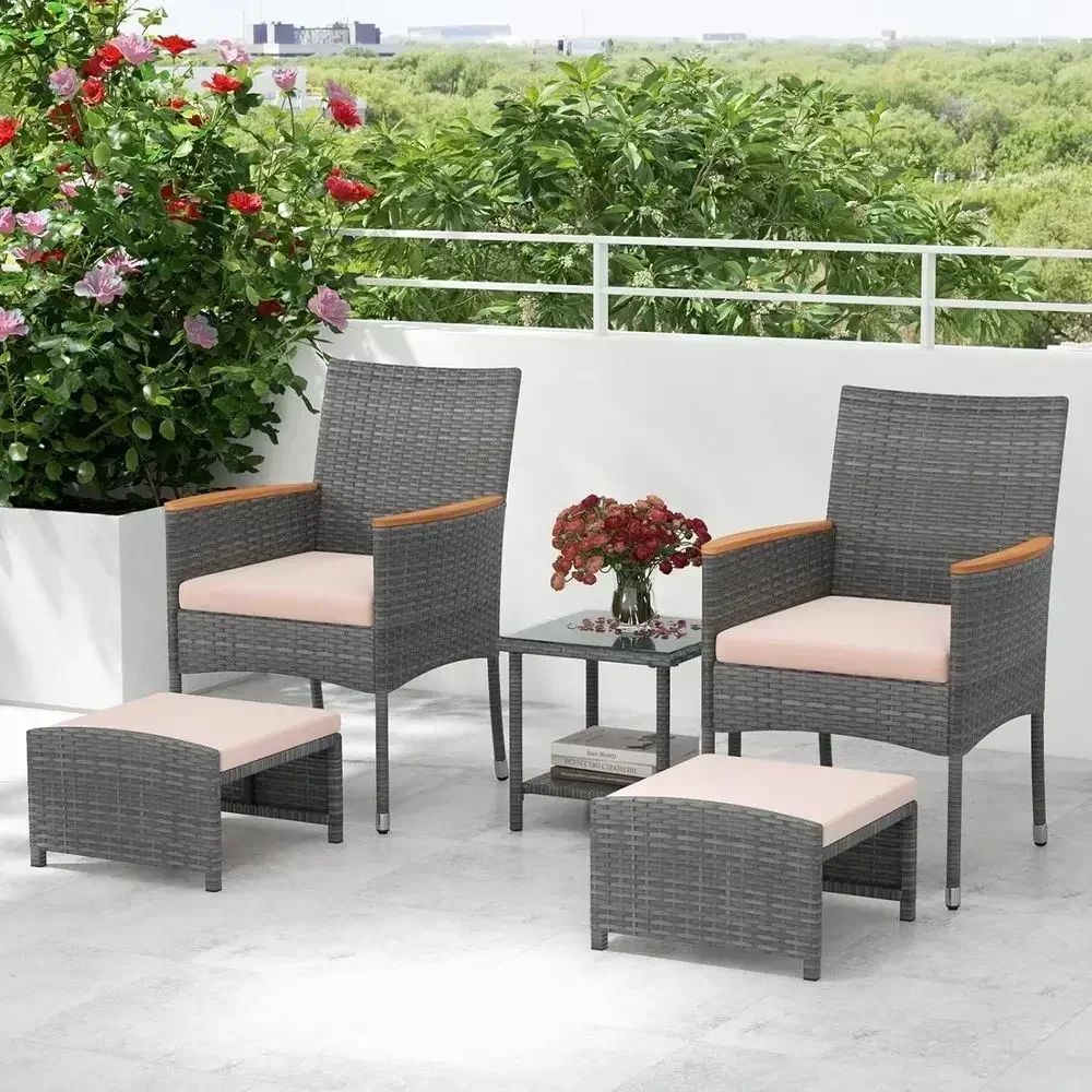 5-Piece Wicker Patio Set with PE Rattan Chairs, Ottomans, 2-Tier Coffee Table, and Cushions for Outdoor, Garden, Poolside, Balco