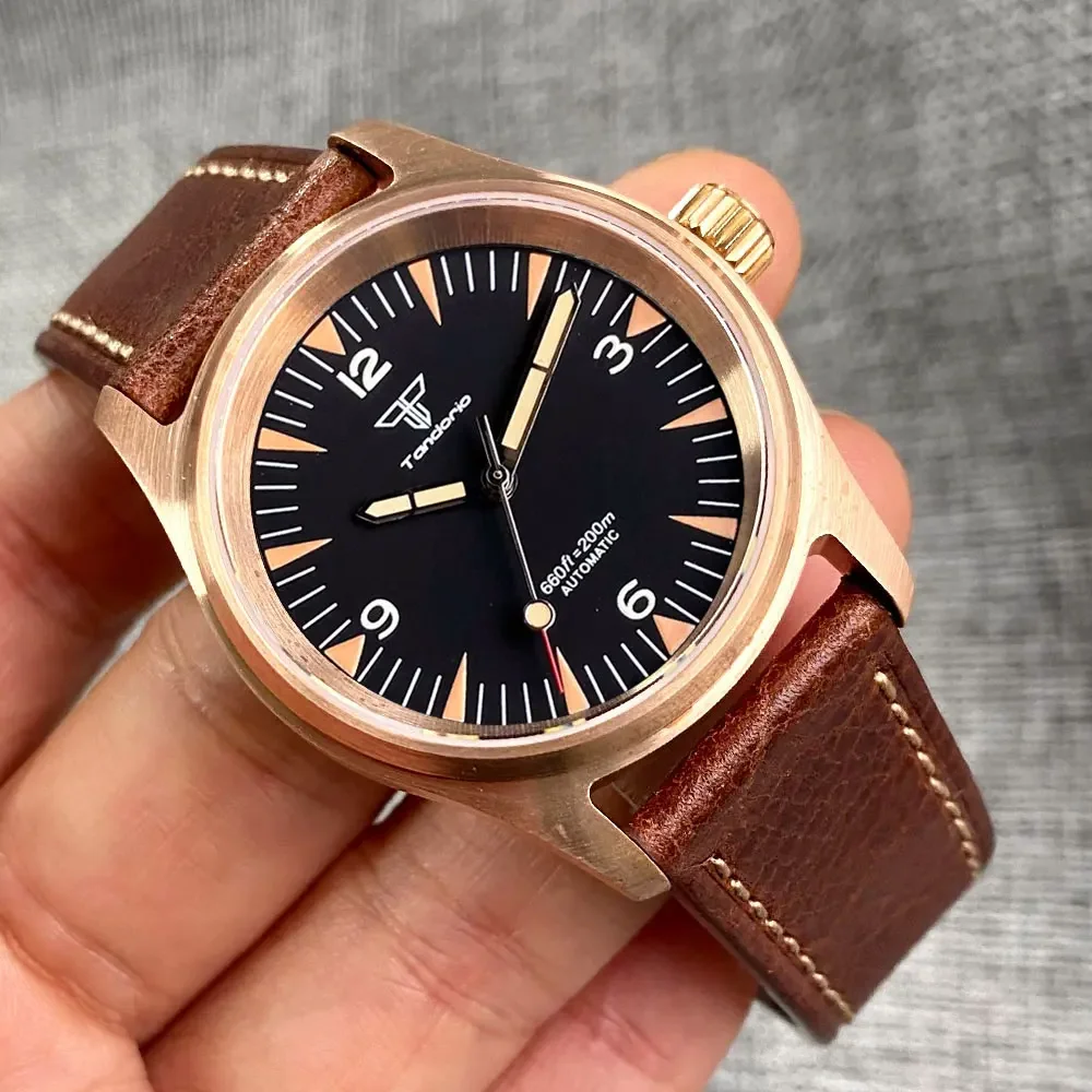 36mm Tandorio Solid Full Cusn8 Bronze NH35 PT5000 200m Waterproof Diver Automatic Black Men Watch Sapphire Crystal Leather Strap