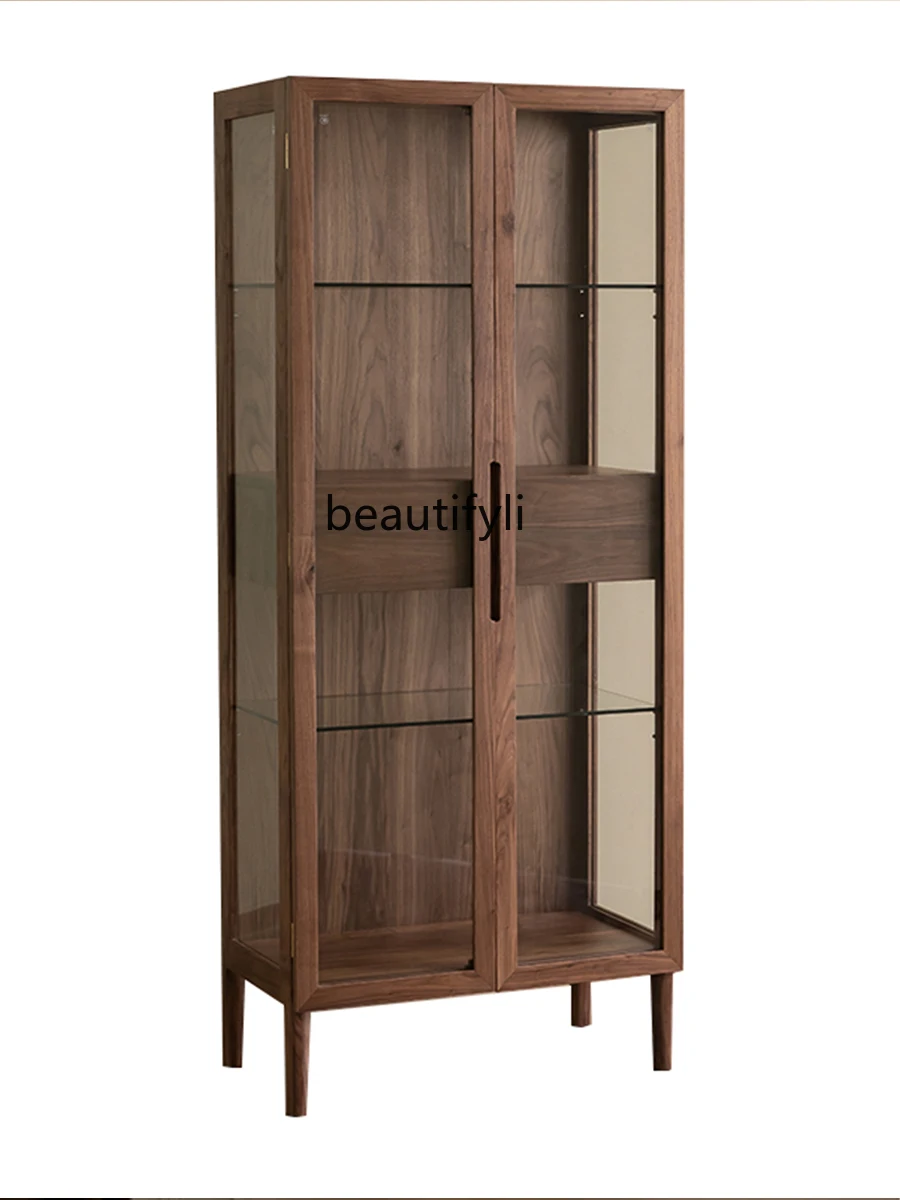 Black Walnut Double-Door Bookcase Clothes Closet Living Room Wine Cabinet Display Cabinet Glass Locker High Side Cabinet