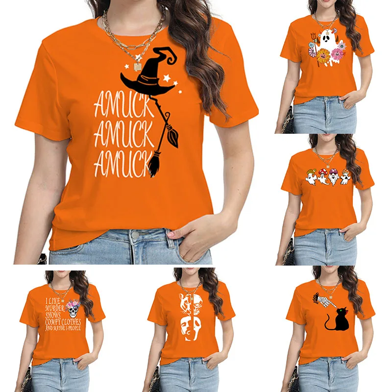 

Summer Orange Women T-shirt Party Short Sleeved Tops Gothic Halloween Pumpkin Bat Pattern Tees Festival Outfit Female Clothing