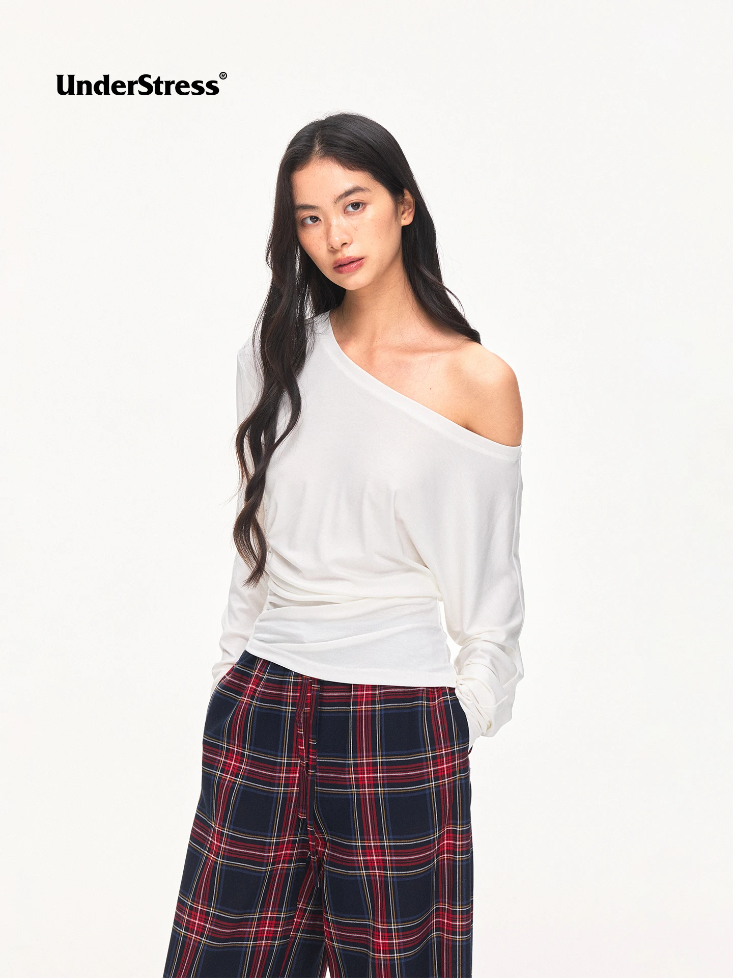 UnderStress Casual Long Sleeve T-Shirt Waist Cinched Folded Design Simple Style Women's Top Polyester Lyocell Fiber Blend