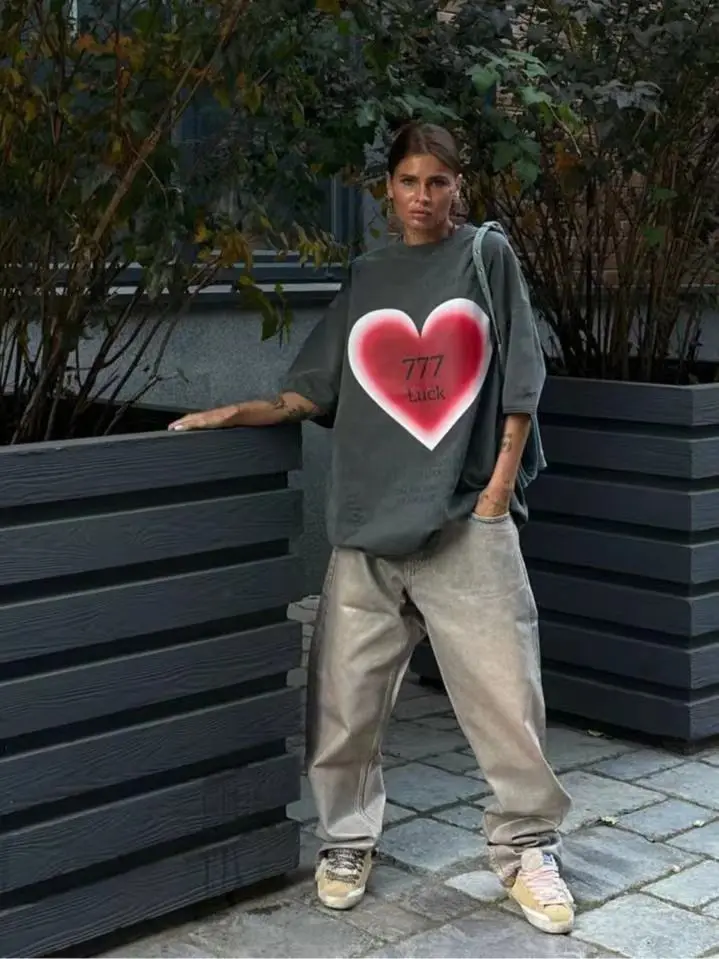 Love Printing Design Washed Retro Cotton Short Sleeves Loose Oversized T Shirt Women Clothes