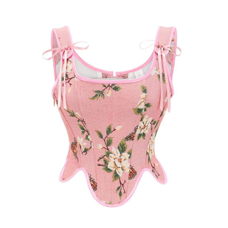 Women French Floral Printed Retro Vest Overbust Corset Body Shaper Lace Up Shoulder Strap Bustiers Crop Tops Camisole