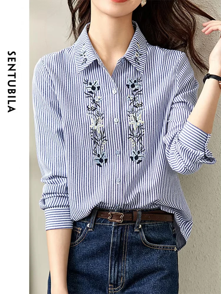 SENTUBILA Vertical Strip Embroidery Casual Shirts for Women 2024 Autumn Long Sleeve Top Lapel Button Down Shirt Blouse 123C42971