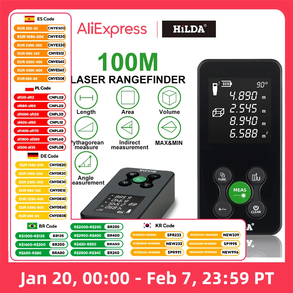 HILDA 50/100/120M Laser Rangefinder Red/Green Light Laser Distance Digital Tape Rechargeable and Measurable Angle Laser Measure