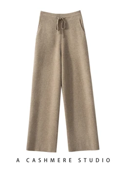 100% pantalones de pierna ancha de cintura alta de Cachemira para mujer, pantalones sólidos gruesos y cálidos de invierno, pantalones básicos informales con cinturón, Tops populares coreanos
