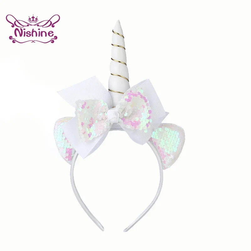 1PCS New Unicorn Horn Hairbands for Kids Girls Party Headwear Sequin Ribbon Bows Headbands Cute Children Photography Props