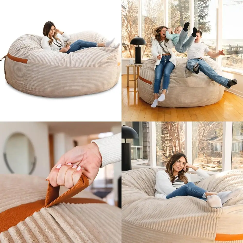 Extravagant 6-Foot XXL Foam-Filled Bean Bag Chair with Removable Vanilla Latte Corded Plush Cover