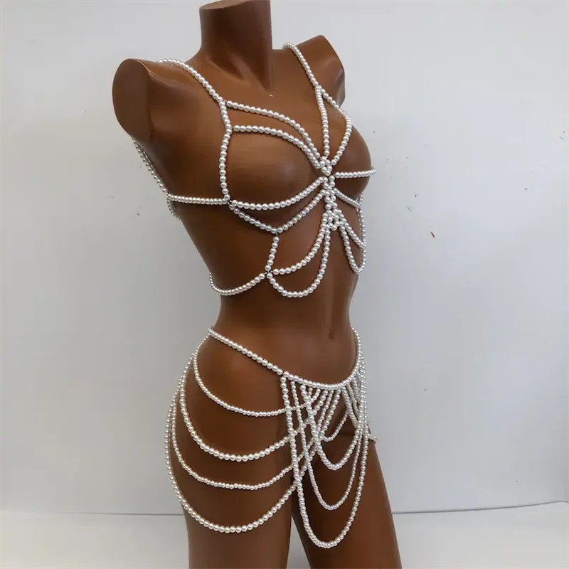 Damen Perlen-Körperkette 2-teiliges Set Schmuck Sexy Nachtclub Party Zweiteiliges Set Rave-Körperaccessoires für Damen Zweiteiliges Outfit – Detail 4