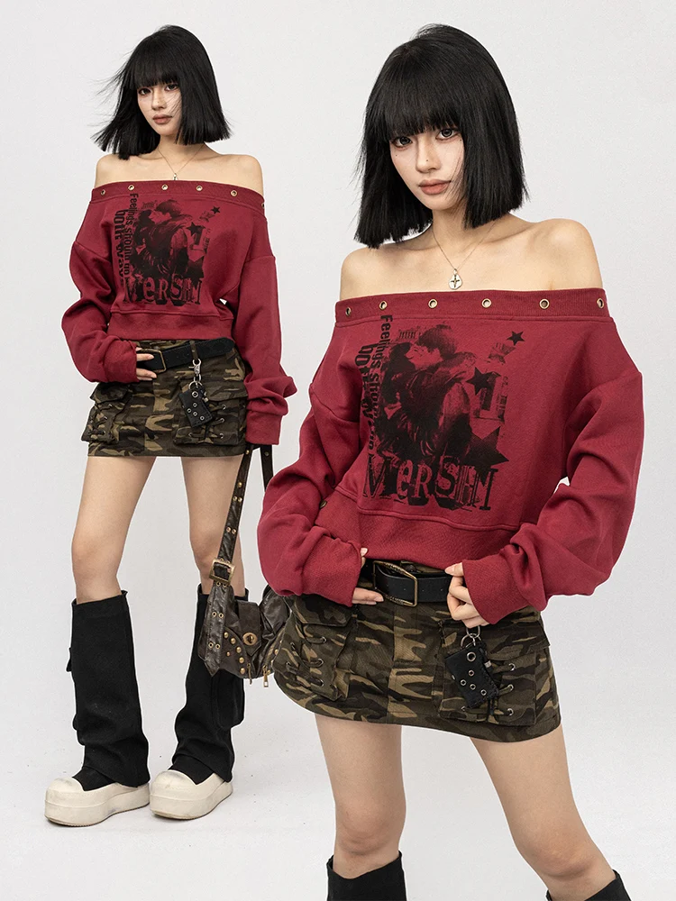 

OCTTFLAB American Retro Hot Girl Letter Print One oulder Long Sve T-irt Women Loose Top Cotton Polyester Blend