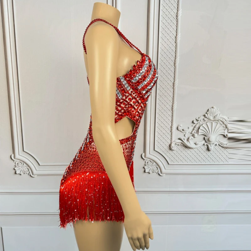 ドラッグクイーン衣装女性グループジャズダンス衣装赤いラインストーンフリンジボディスーツナイトクラブ Ds Dj パーティードレスゴーゴー着用 XS9519