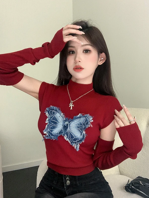 

Sexy Short Knitted Sweater Denim Patch Women's Slim Fit Half High Collar Sleeveless Top Korean Style Commute Fashion