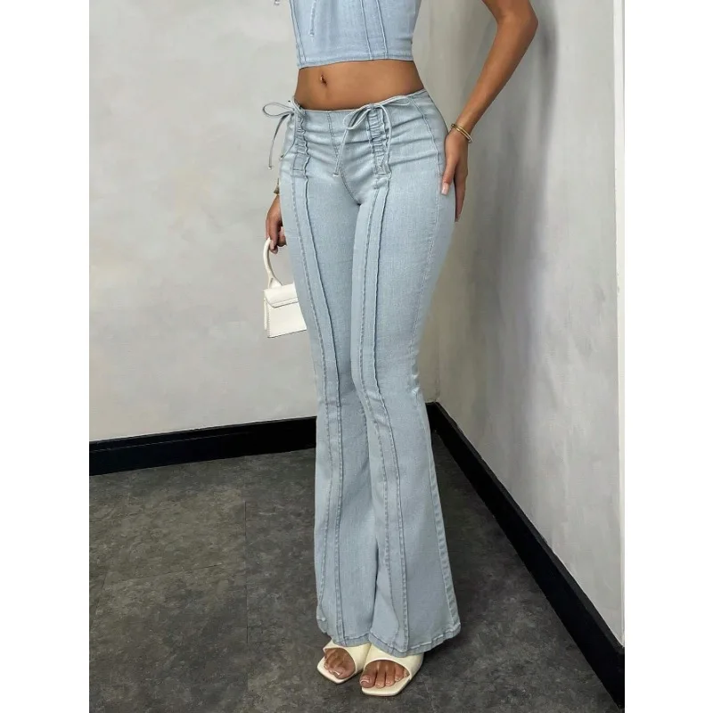 

Женские расклешенные джинсовые брюки с низкой посадкой, эластичным поясом и завязками, высокая эластичность, модный дизайн