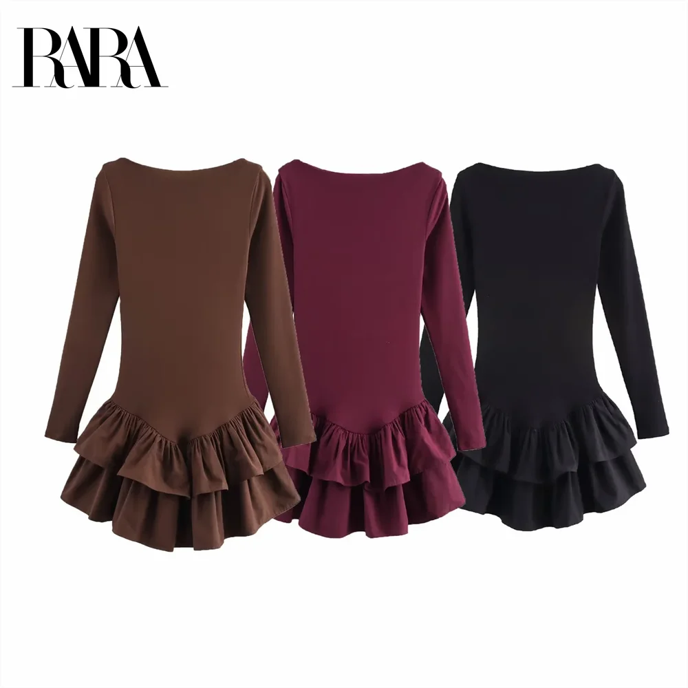 

RARA 2025 layered decoration slim fit simple fashion solid color long sleeve A-line dress short skirt women's clothing