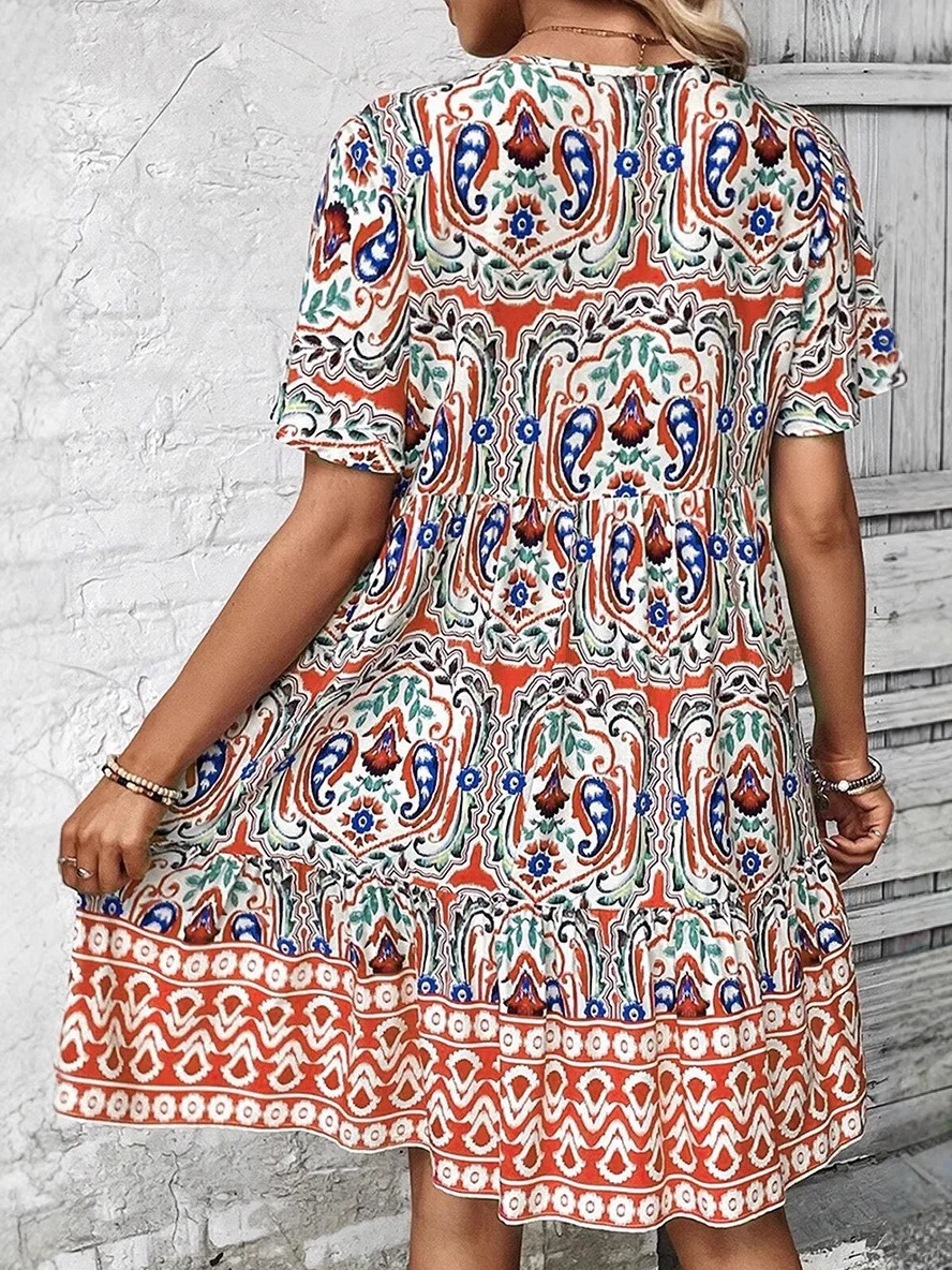 ผู้หญิงเซ็กซี่หลวม Vintage Ruffles ฤดูใบไม้ผลิฤดูใบไม้ร่วง Befree ฤดูร้อนแขนสั้น Casual Holiday Party Elegant Midi Dresses