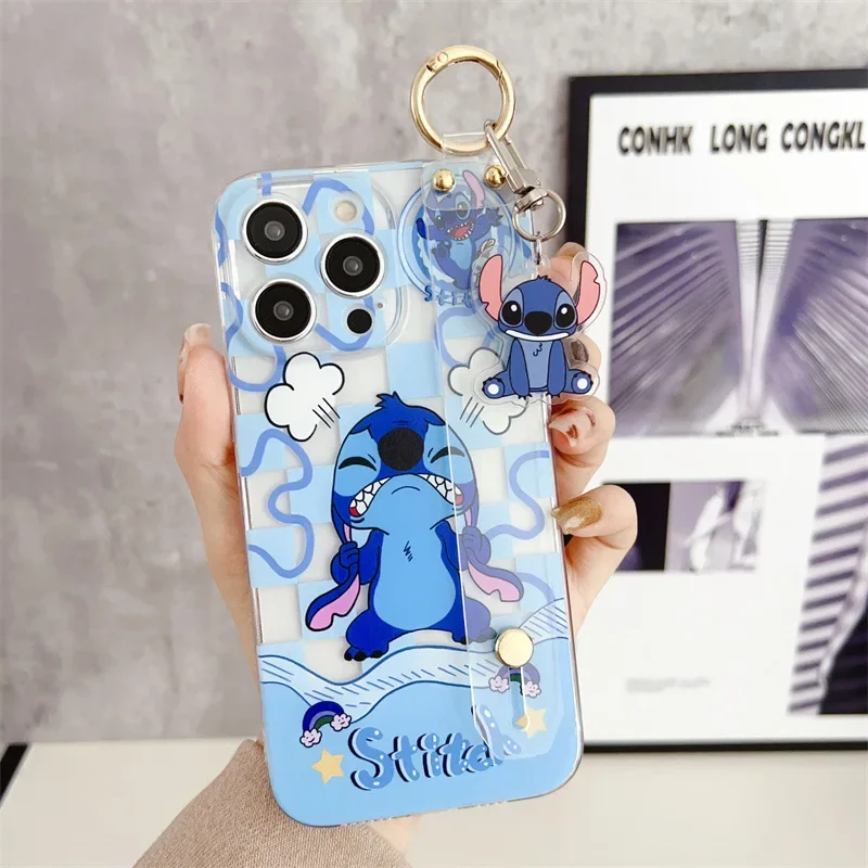 Cute Cartoon Stitch Couple Phone Case With Clear Strap Lanyard For iPhone 16 15 14 13 12 mini 11 Pro Max Plus Shockproof Cover