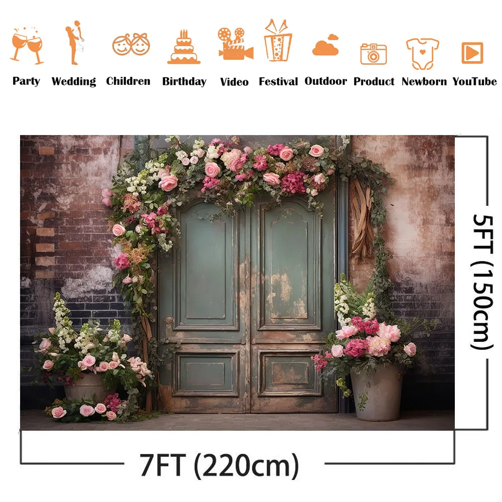 Vintage Retro Door Floral Background for Photography Newborn Baby Portrait Photoshoot Backdrop Cake Smash Photographic Banner