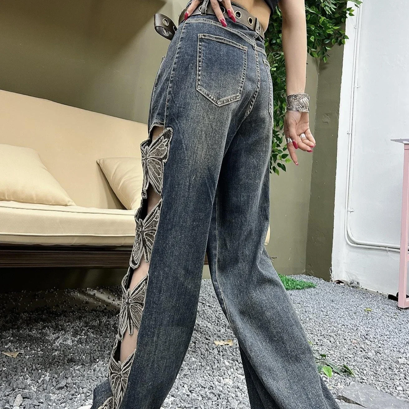 Summer New Butterfly Embroidered Wide Leg Jeans Women's Fashion Retro Trendy High Waist Ripped Street Casual Denim Trousers XQ60