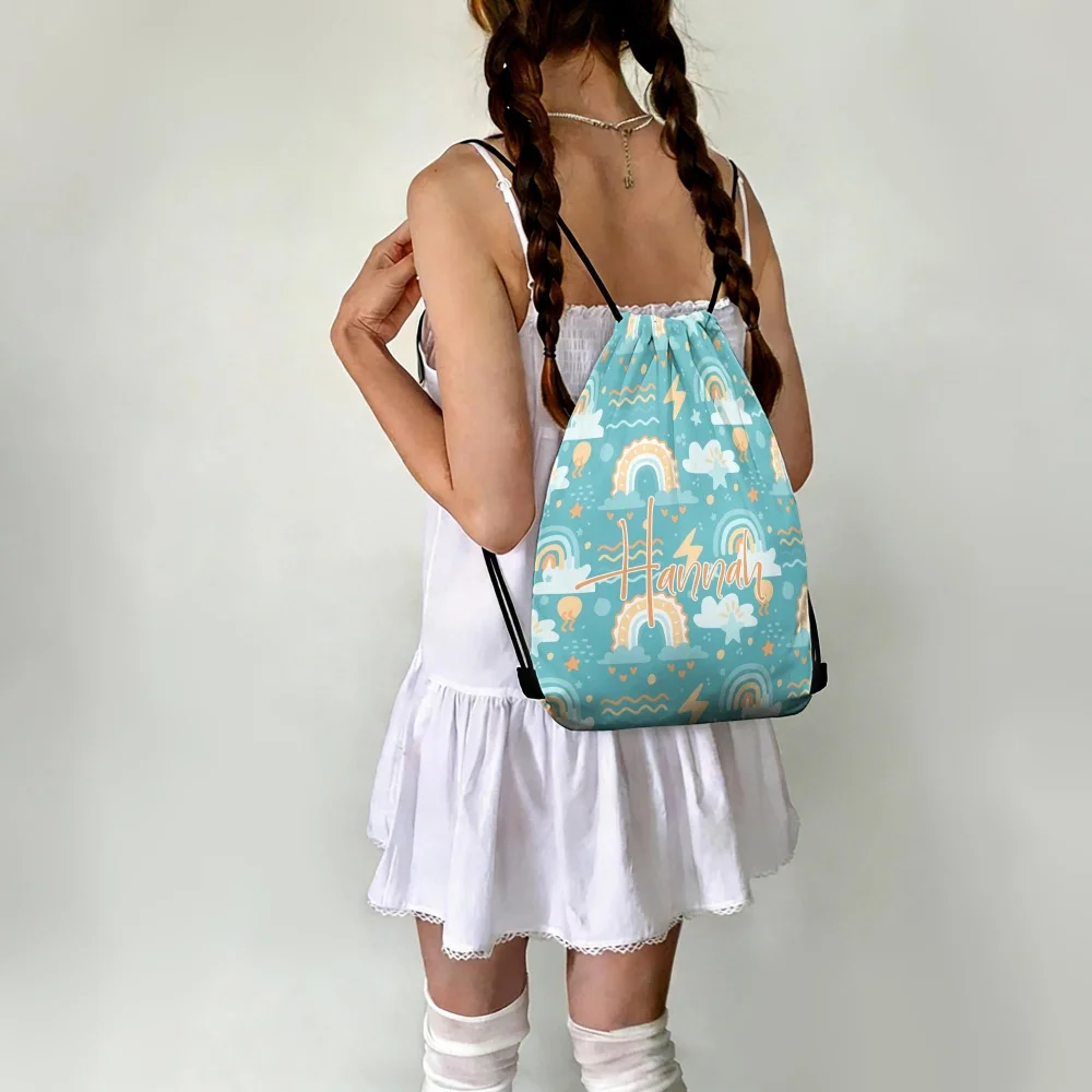 Custom Name Rainbow Cloud Drawstring Backpack, Personalized Kids Gym Sack Bag Foldable for School Sport Birthday Party Gift