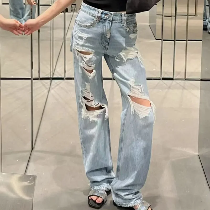 고품질 베거 스타일 멀티 리벳 여성 데님 청바지, 찢어진 구멍, 헤진 가장자리, 워싱된 룩 바지 25101802