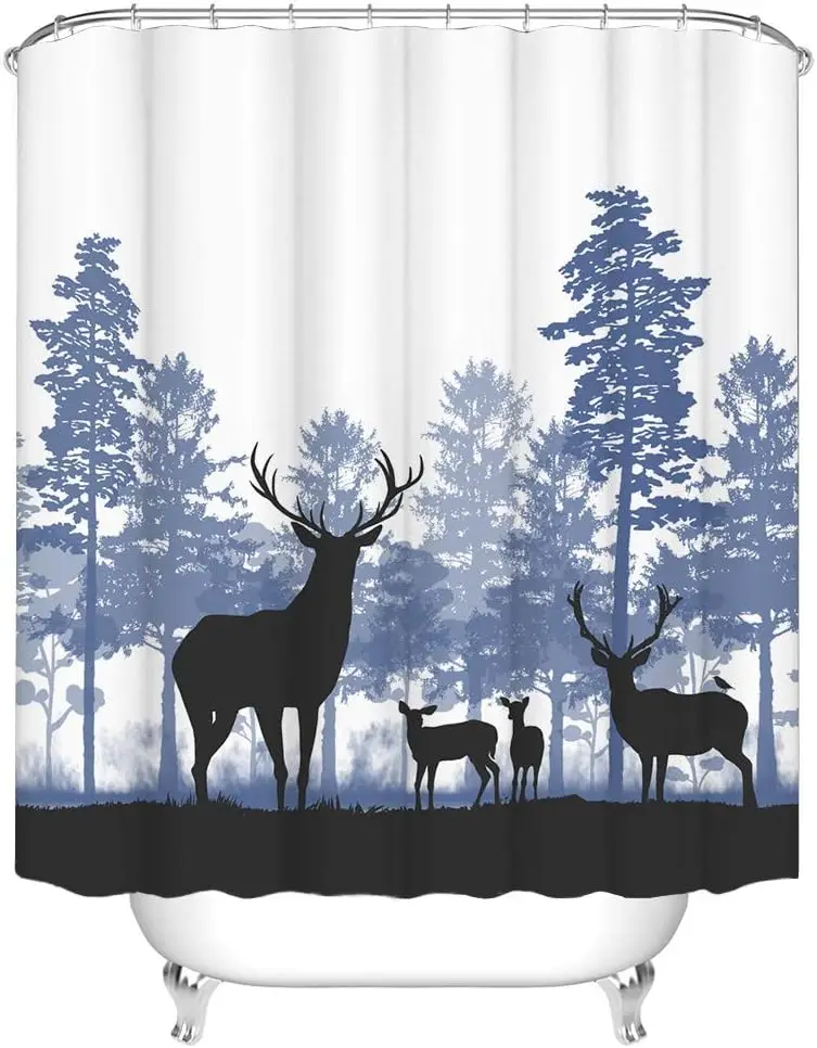 

RnnJ Baile Rustic Animal Занавеска для душа Семья оленя в лесу Художественная занавеска для ванны Водонепроницаемая ткань Винтаж Лось Декор для ванной комнаты Доступ