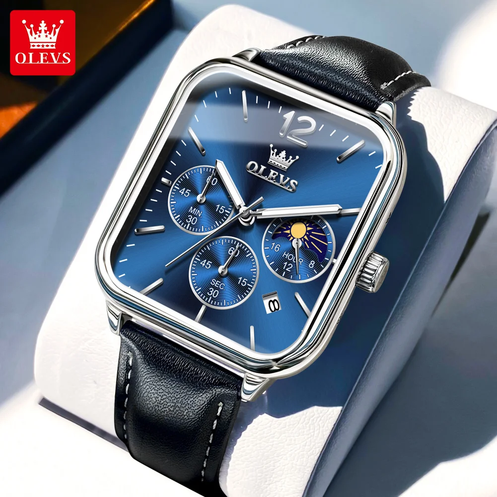 OLEVS 9914 Orologio da uomo al quarzo Orologio da polso multifunzionale con nastro sportivo quadrato Blet Orologio da uomo Luna 30m Scatola luminosa impermeabile regalo