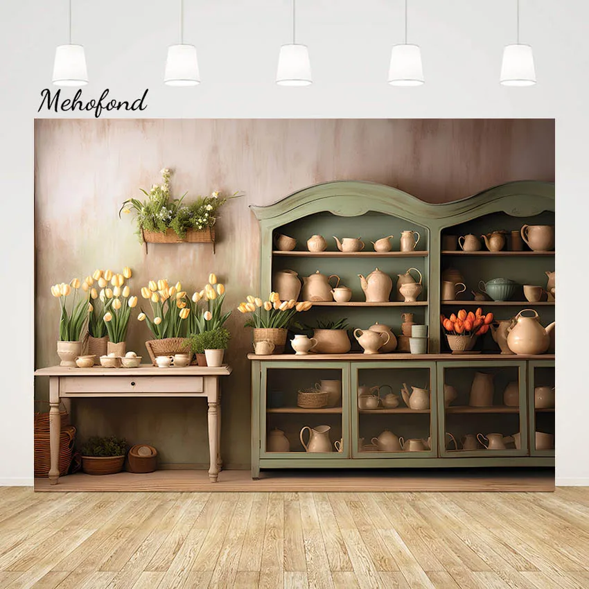 Mehofond Spring Photography Backdrop Shop Floral Tree Tulip Baby Shower Kids Birthday Portrait Cupboard Background Photo Studio